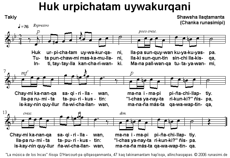 Huk urpichatam uywakurqani - takina qillqasqa -  2006 runasimi.de